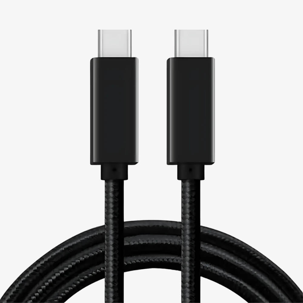 Two black braided USB-C cables with silver connector tips coiled in an arc against a plain white background