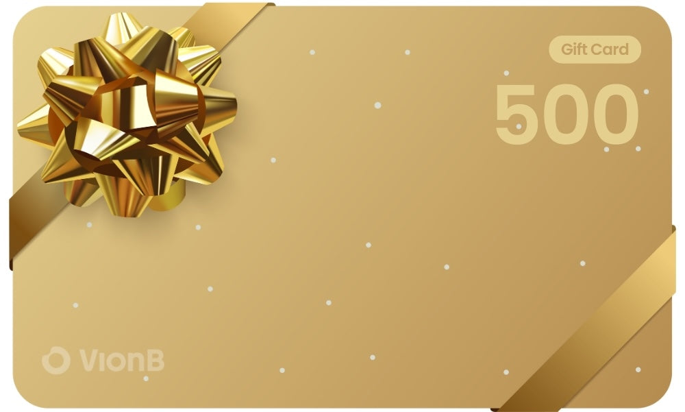Digital illustration of a golden VionB gift card featuring a shiny golden bow, the value 500, and the text Gift Card, all against a background with scattered white dots