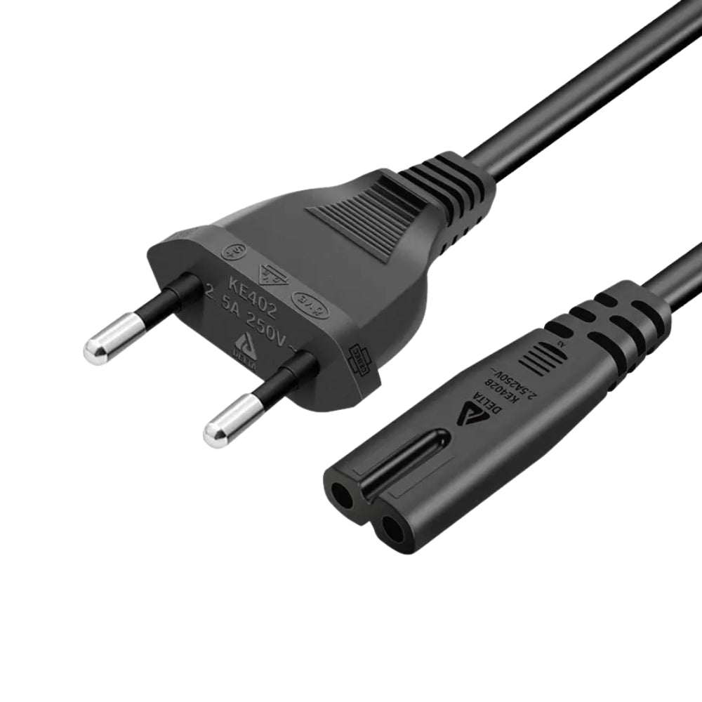 Product photograph of a black DELTA power cord with a two-pin European Type C plug and a C7 figure-8 connector showing KE402 2.5A 250V ratings
